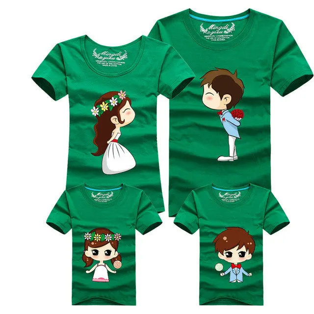 1 Piece Family Matching Outfits Mother Father Son Daughter Cartoon Bride Bridegroom Print Women Men Children Boy Girl T shirt