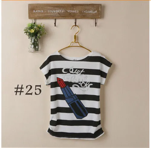 2015 New t-shirt Women tops tees women Loose cartoon t shirt Short Sleeve Women's batwing sleeve summer Printed T Shirts