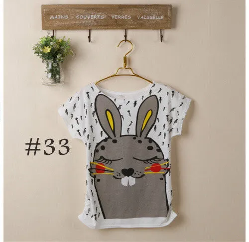 2015 New t-shirt Women tops tees women Loose cartoon t shirt Short Sleeve Women's batwing sleeve summer Printed T Shirts