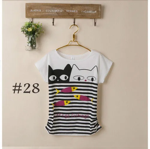 2015 New t-shirt Women tops tees women Loose cartoon t shirt Short Sleeve Women's batwing sleeve summer Printed T Shirts