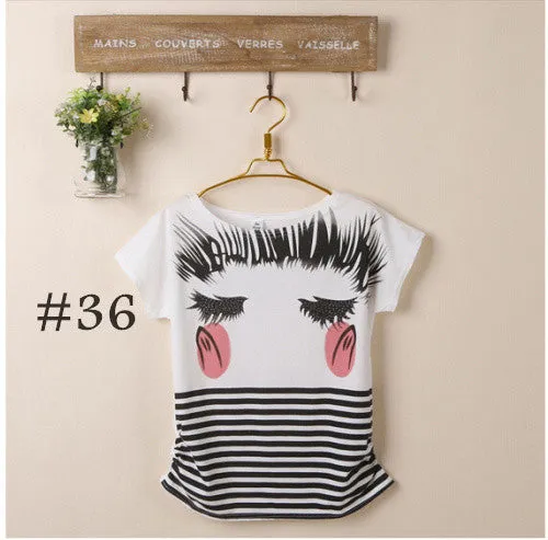 2015 New t-shirt Women tops tees women Loose cartoon t shirt Short Sleeve Women's batwing sleeve summer Printed T Shirts