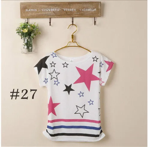 2015 New t-shirt Women tops tees women Loose cartoon t shirt Short Sleeve Women's batwing sleeve summer Printed T Shirts