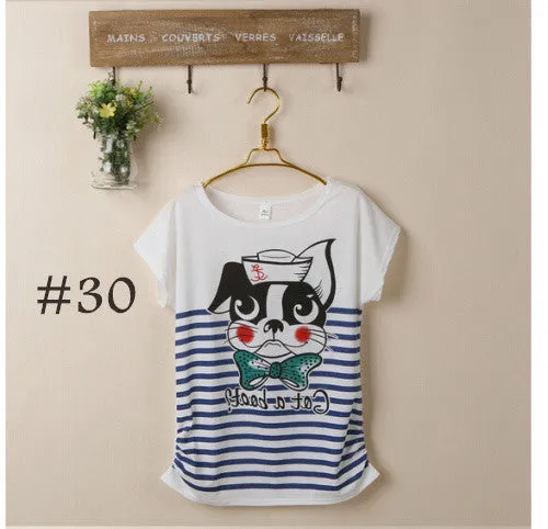 2015 New t-shirt Women tops tees women Loose cartoon t shirt Short Sleeve Women's batwing sleeve summer Printed T Shirts