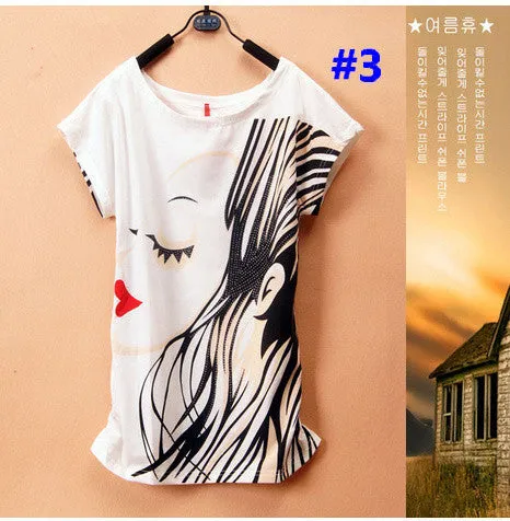 2015 New t-shirt Women tops tees women Loose cartoon t shirt Short Sleeve Women's batwing sleeve summer Printed T Shirts