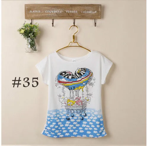 2015 New t-shirt Women tops tees women Loose cartoon t shirt Short Sleeve Women's batwing sleeve summer Printed T Shirts