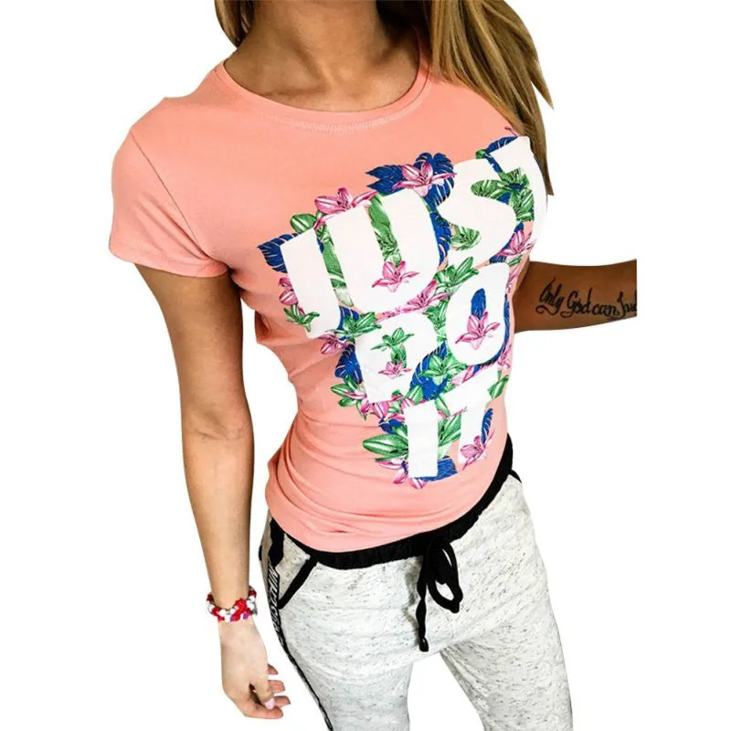 2016 Casual T shirt Women Letter Print and Solid Color Round Neck Pink Tops Femmes Tees Cotton Women's Fashion tshirts Clothing