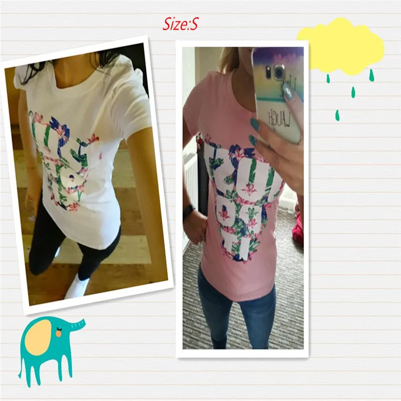 2016 Casual T shirt Women Letter Print and Solid Color Round Neck Pink Tops Femmes Tees Cotton Women's Fashion tshirts Clothing