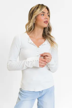 All The Better Ivory Cable Knit Sleeve Knit Henley Top