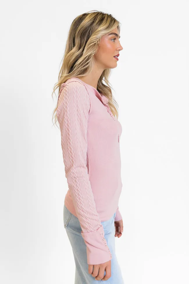 All The Better Light Pink Cable Knit Sleeve Knit Henley Top