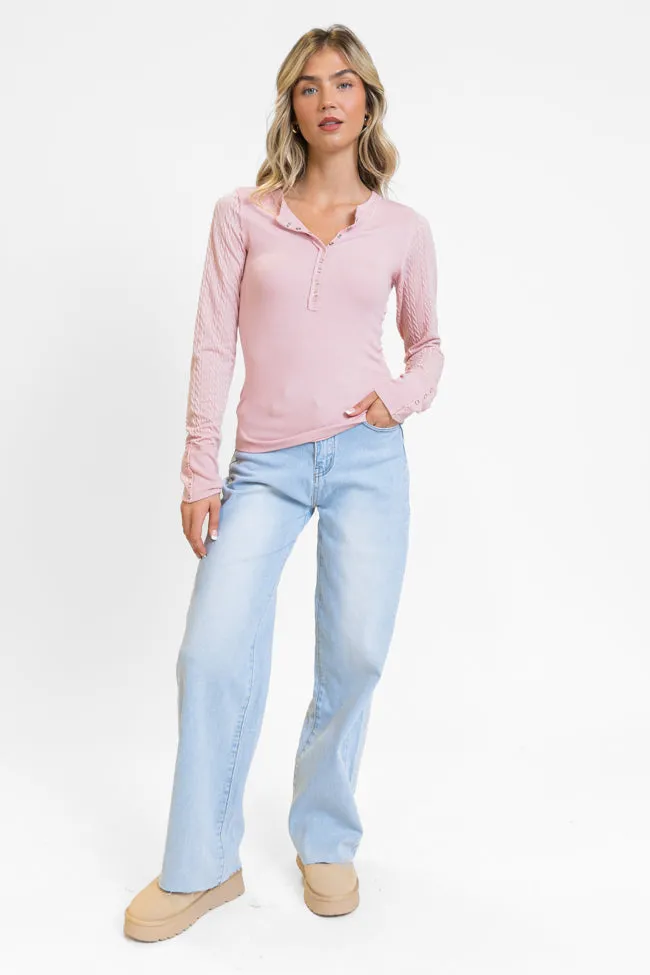 All The Better Light Pink Cable Knit Sleeve Knit Henley Top