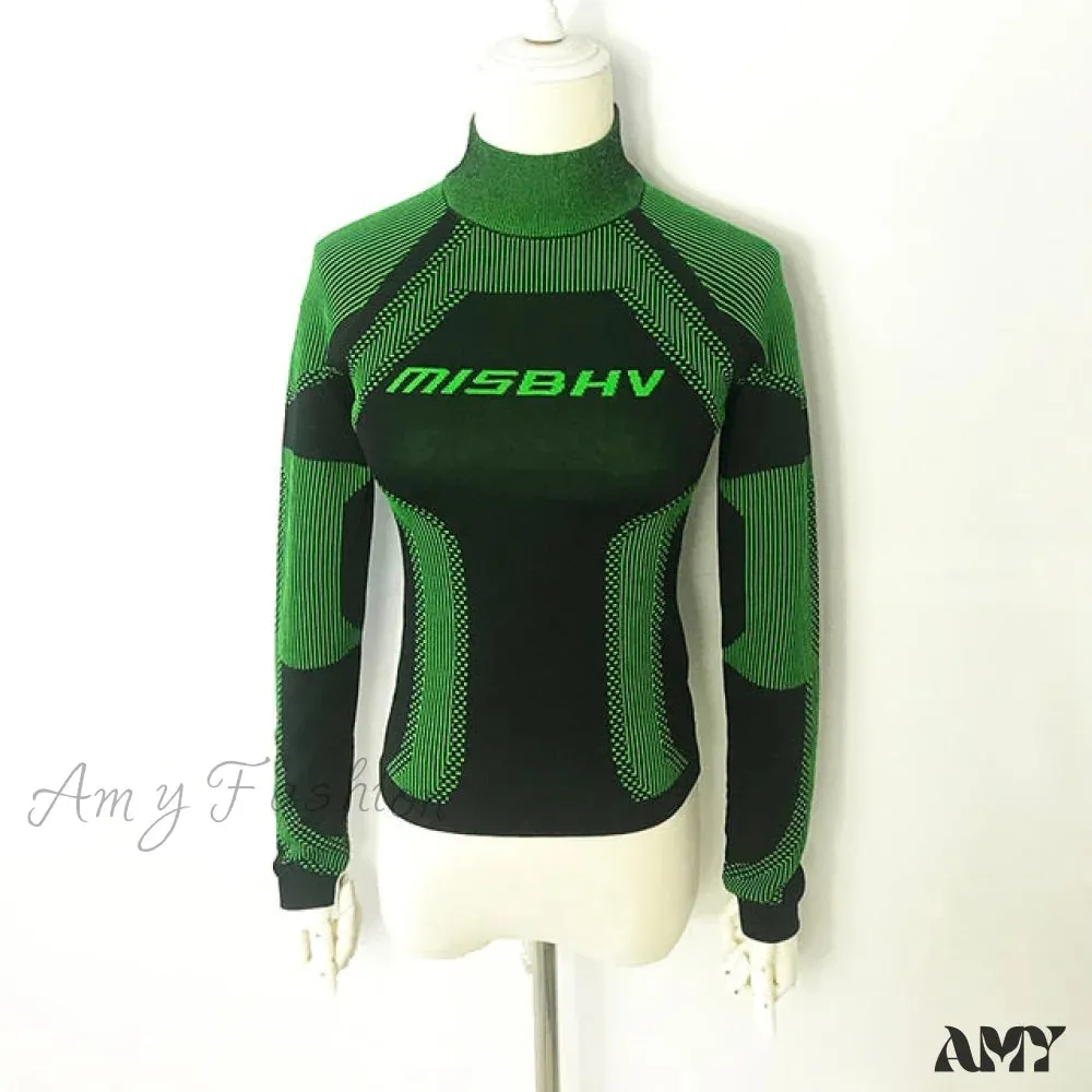 Amy Fashion - Letter Turtleneck Black Green Knitting Top