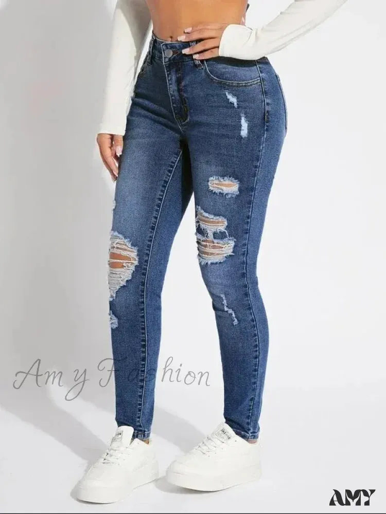 Amy Fashion - Stretch Skinny High Waist Ripped Butt Lifting Casual Slim Denim Jean