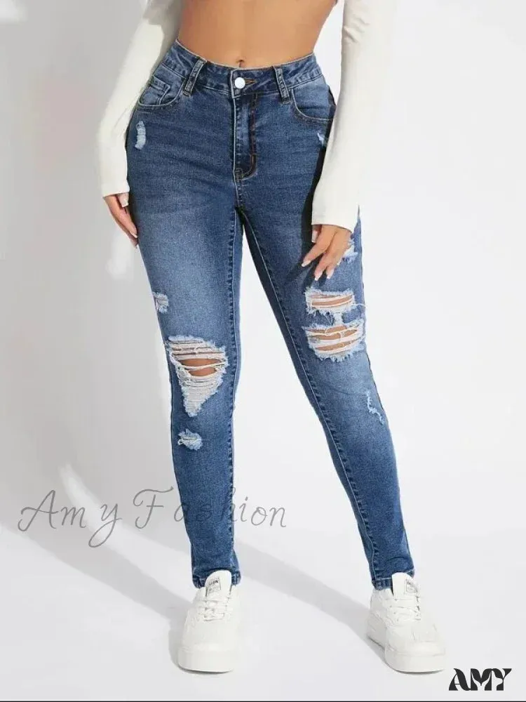 Amy Fashion - Stretch Skinny High Waist Ripped Butt Lifting Casual Slim Denim Jean