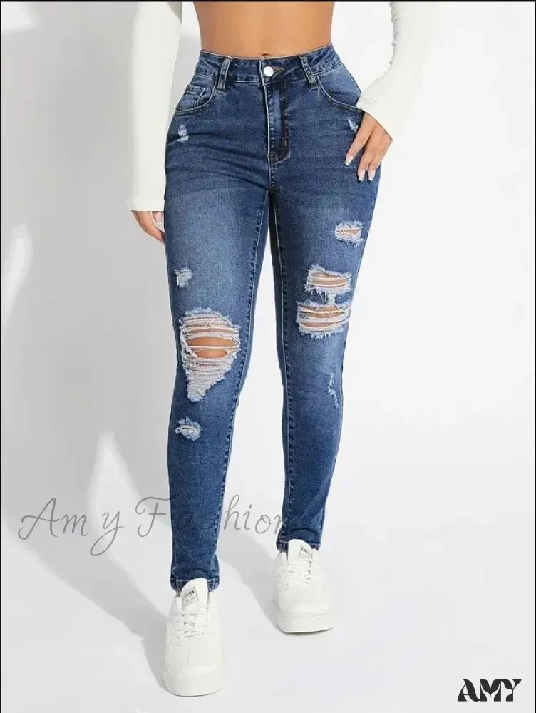 Amy Fashion - Stretch Skinny High Waist Ripped Butt Lifting Casual Slim Denim Jean