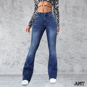 Amy Fashion - Stretch Slim Retro High Waist Stitched Washed Bell-Bottom Denim Jean