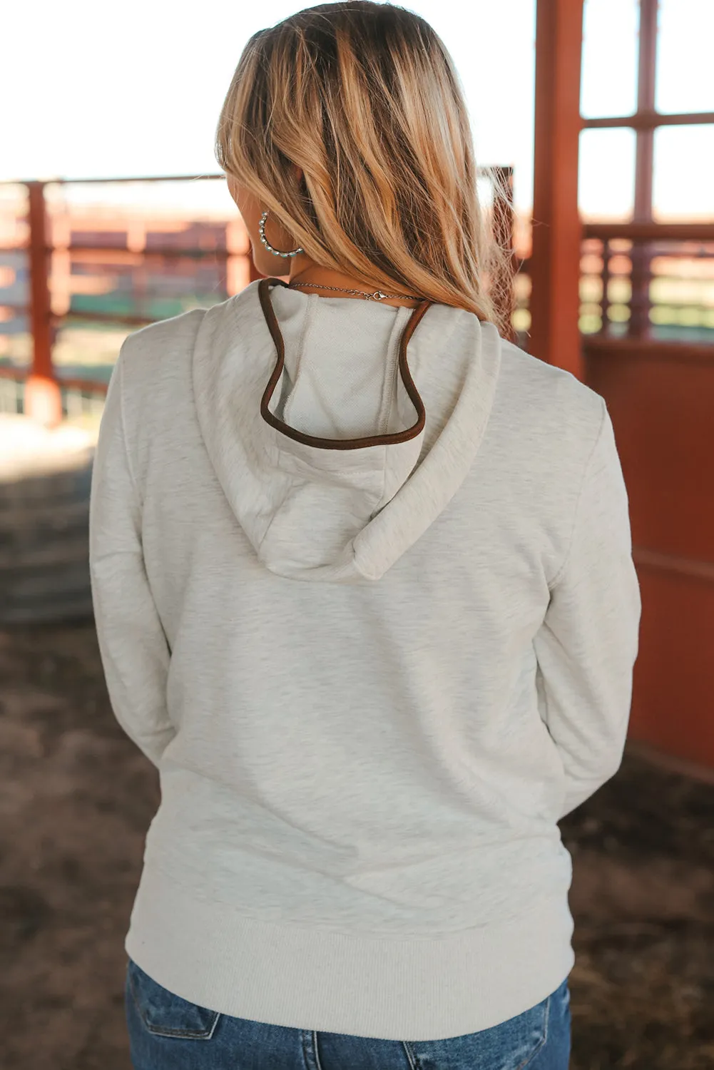 Beige Drawstring Kangaroo Pocket Henley Hoodie