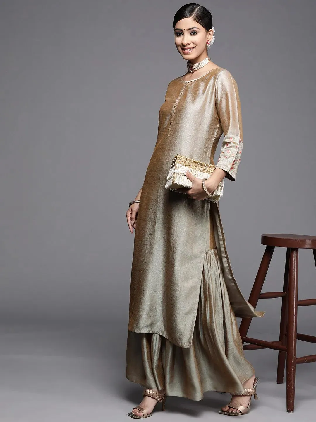 Beige Solid Silk Palazzos