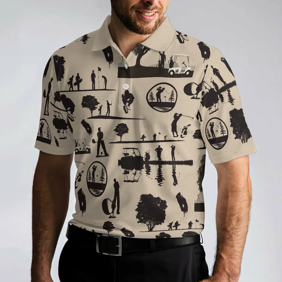 Beige Vintage Silhouette Golfers All Over Print Polo Shirt, Cream Polo Shirt, Best Golf Shirt For Men