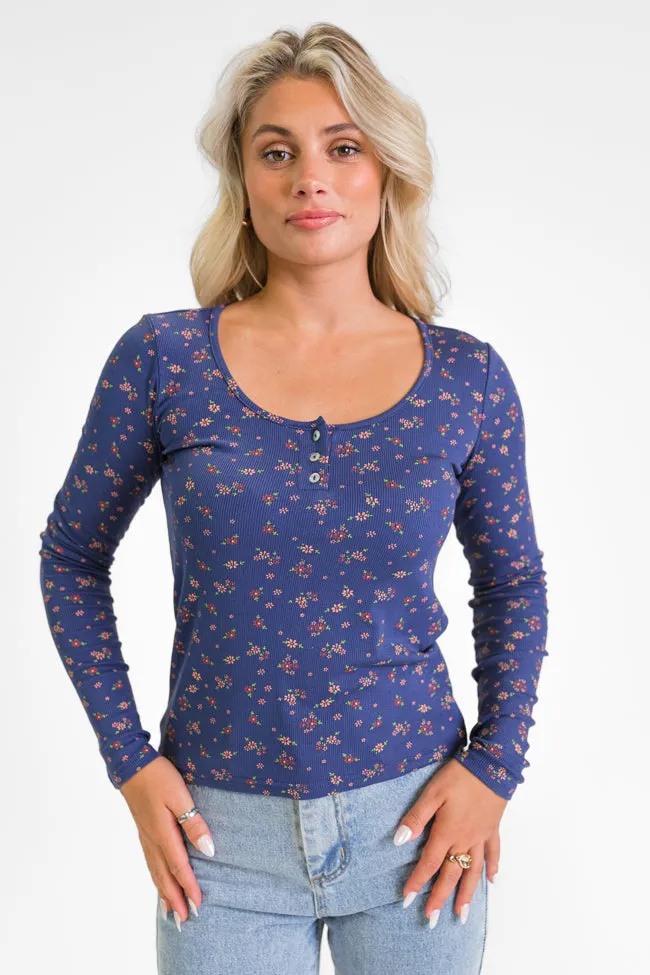 Best In Bloom Navy Ribbed Floral Henley Top