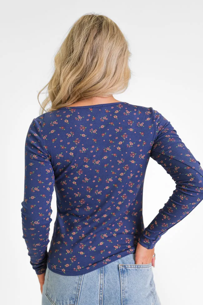 Best In Bloom Navy Ribbed Floral Henley Top