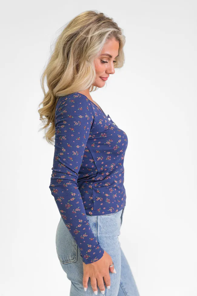 Best In Bloom Navy Ribbed Floral Henley Top