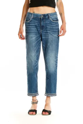 Blue Frayed Hem Cropped Jeans