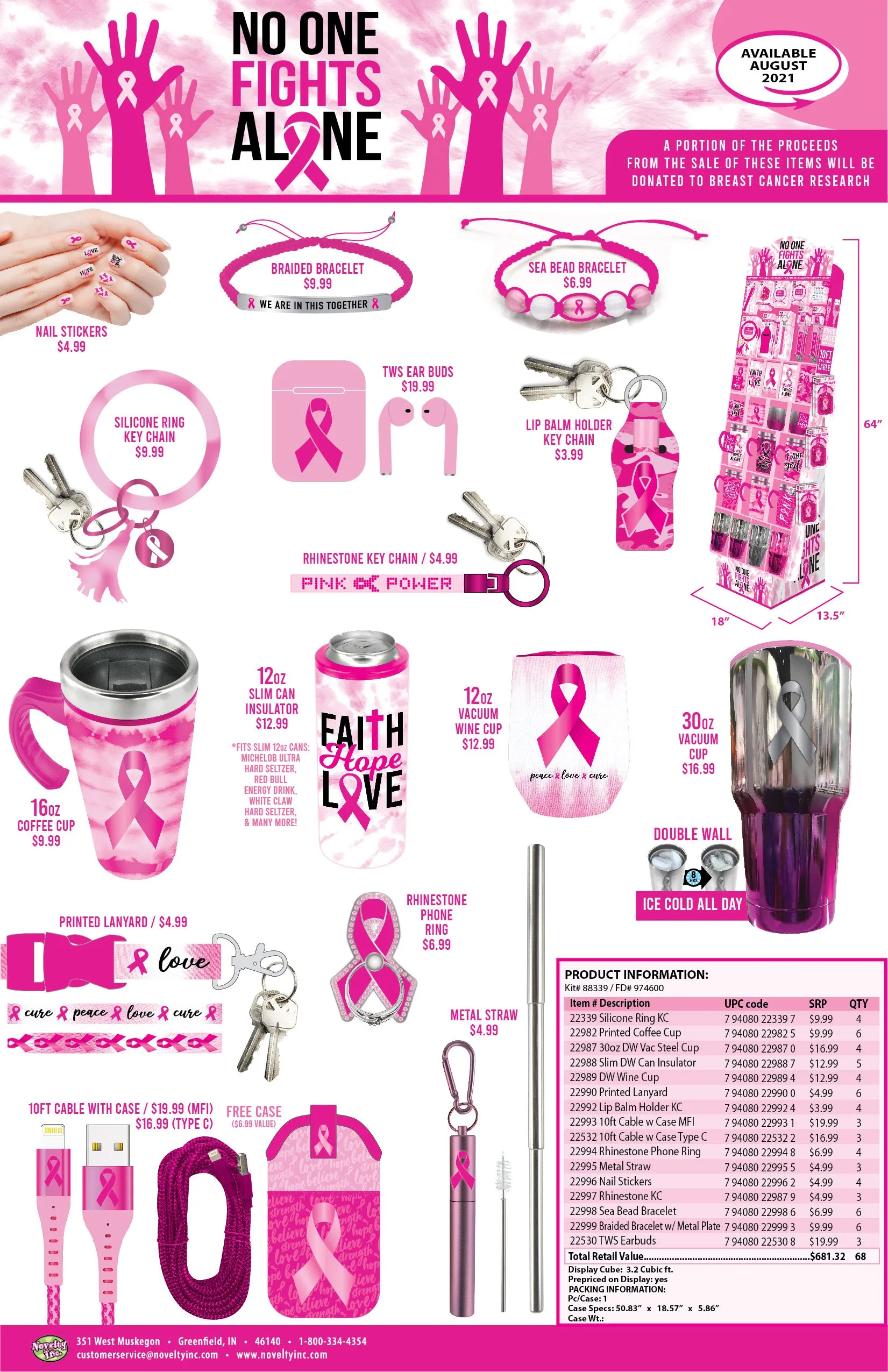 Breast Cancer Awareness Pink Assortment Floor Display - 68 Pieces Per Retail Ready Display 88339