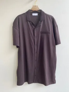 Brown Gender Neutral Button Up Shirt w/ Knit Collar