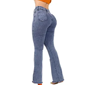 Calça  Flare Jeans Feminina Com Elastano Cintura Alta Efeito Levanta Bumbum