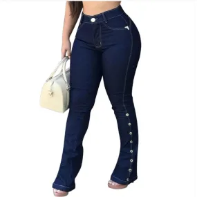 Calça Jeans Feminina Flare Cós Alto Ilhós Com Laycra Modeladora