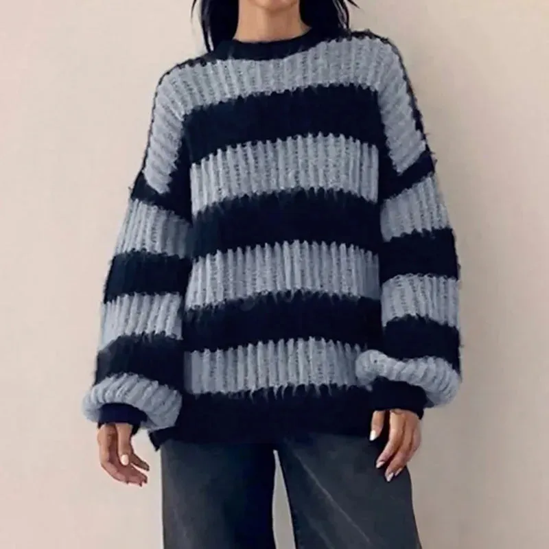 Casual Stripe Oversized Sweater Autumn Winter Warm Knit Pullover O-Neck Fashion Harajuku Jumper Knitwear Clothes