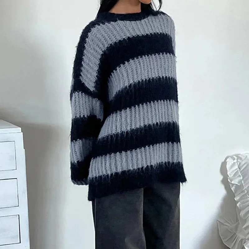 Casual Stripe Oversized Sweater Autumn Winter Warm Knit Pullover O-Neck Fashion Harajuku Jumper Knitwear Clothes