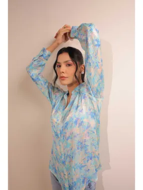 cheerful  viscose dobby stripped abstact floral printed shirt collar full cuff sleeve top. - Blue