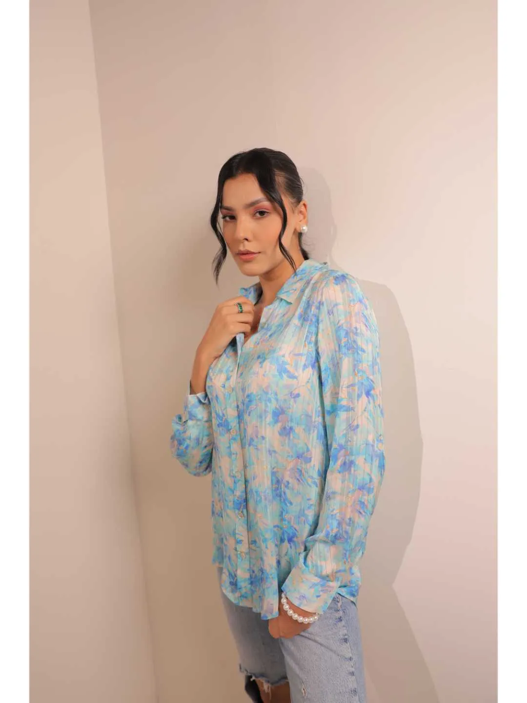 cheerful  viscose dobby stripped abstact floral printed shirt collar full cuff sleeve top. - Blue