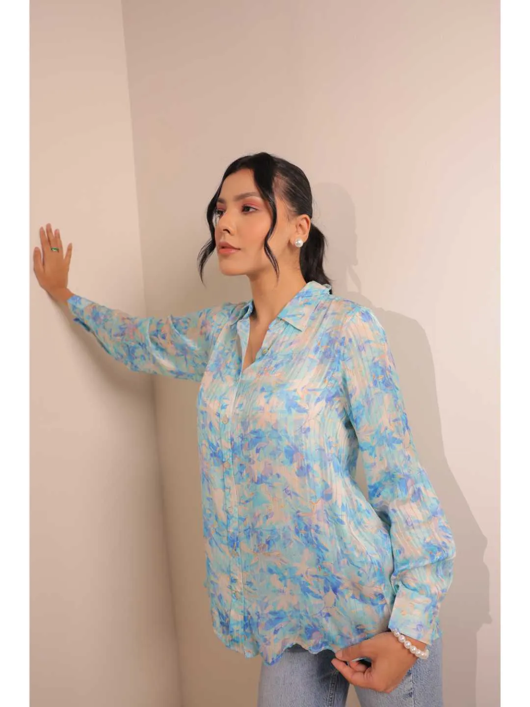 cheerful  viscose dobby stripped abstact floral printed shirt collar full cuff sleeve top. - Blue