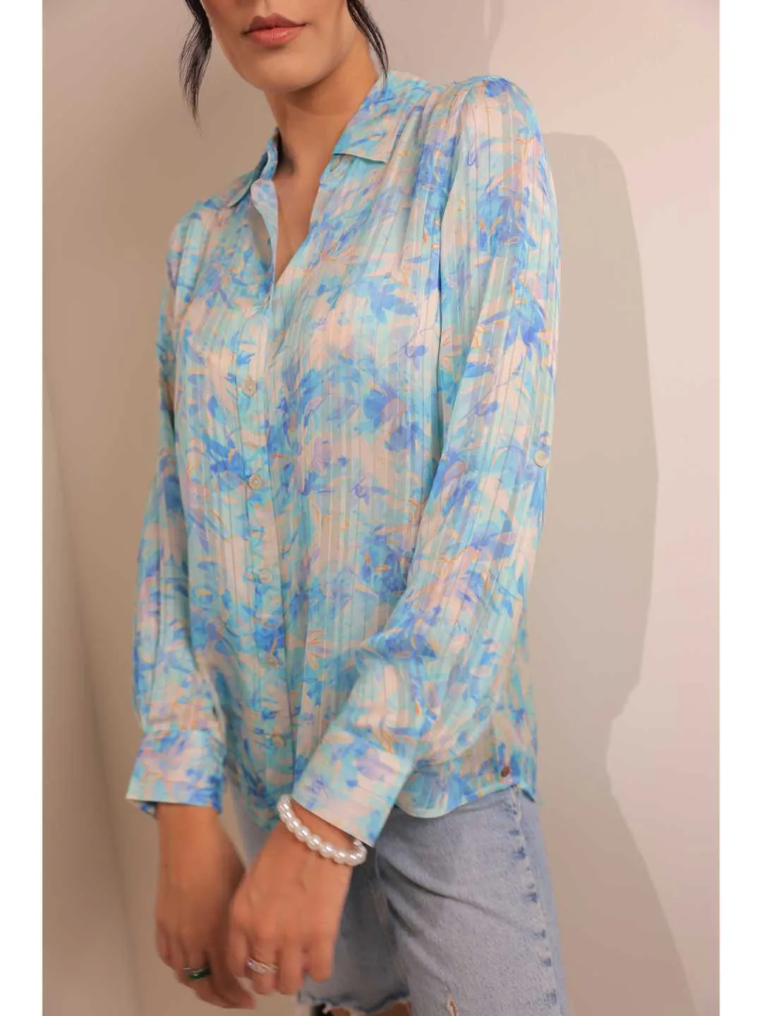 cheerful  viscose dobby stripped abstact floral printed shirt collar full cuff sleeve top. - Blue