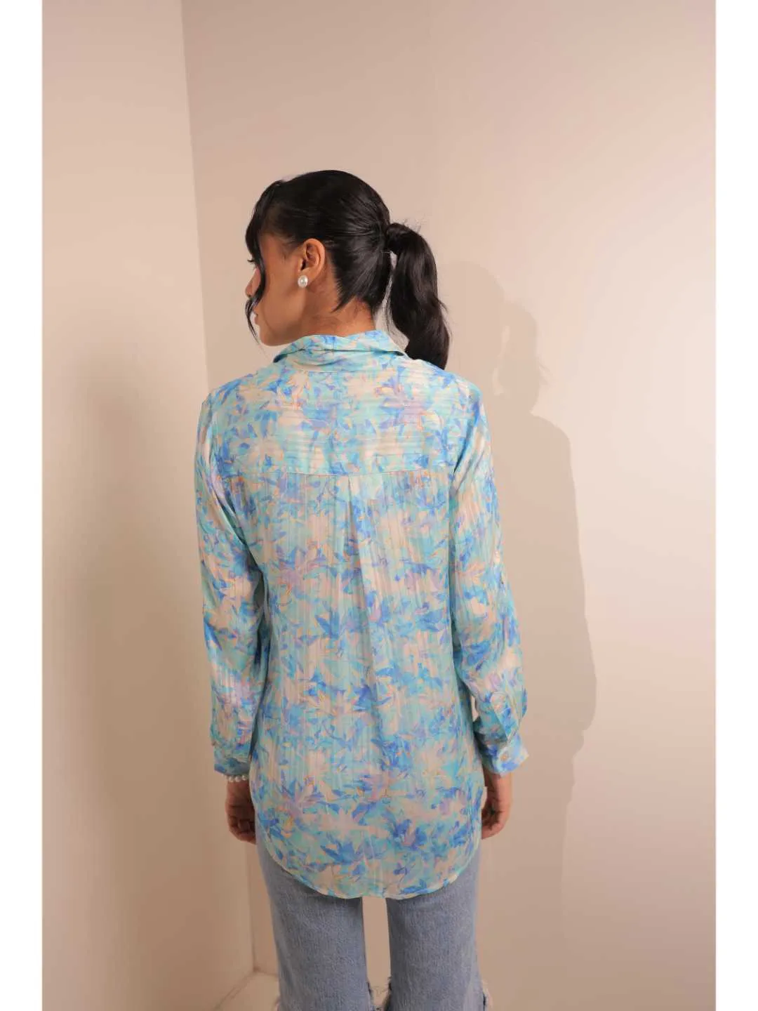 cheerful  viscose dobby stripped abstact floral printed shirt collar full cuff sleeve top. - Blue