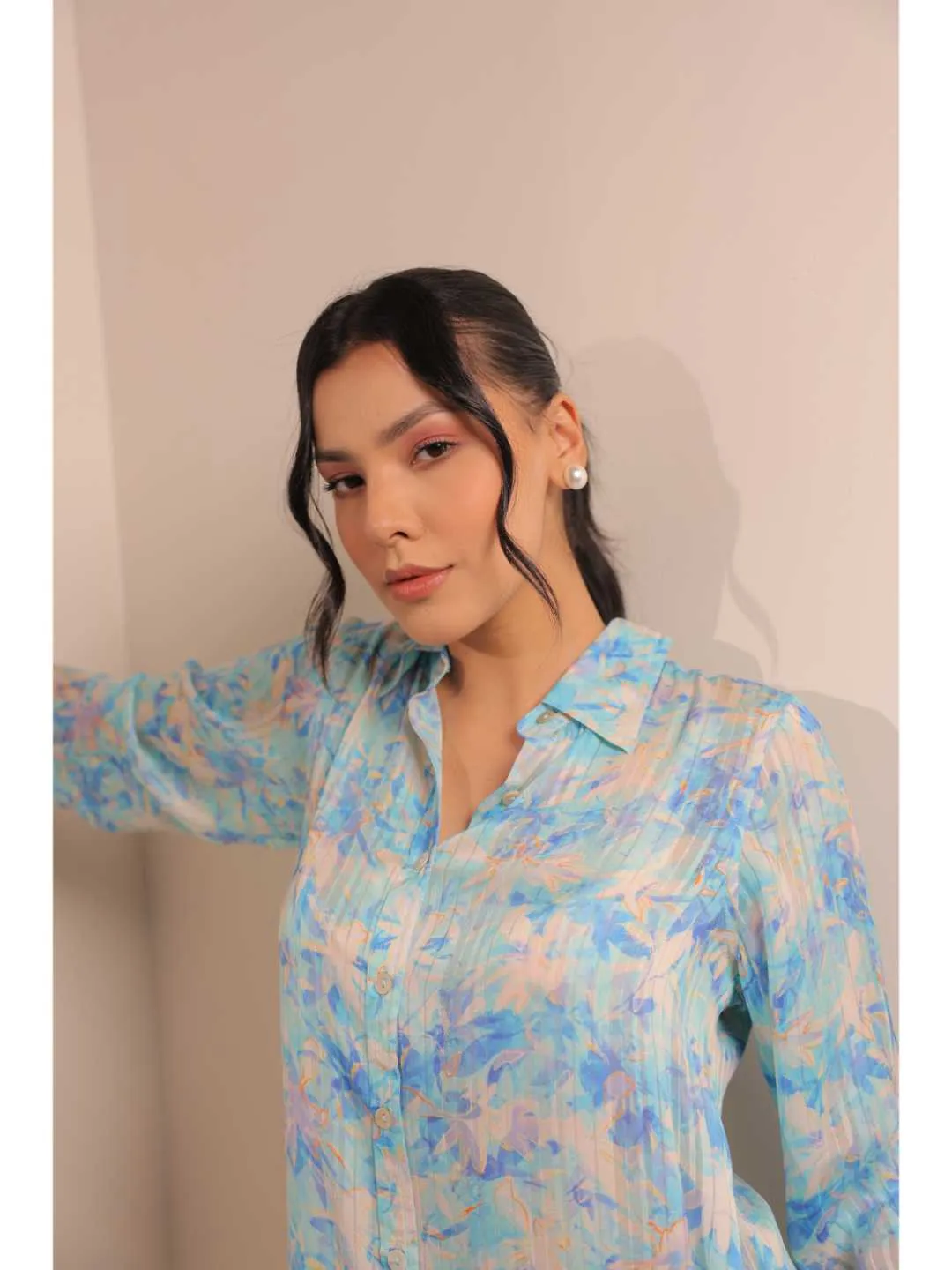 cheerful  viscose dobby stripped abstact floral printed shirt collar full cuff sleeve top. - Blue