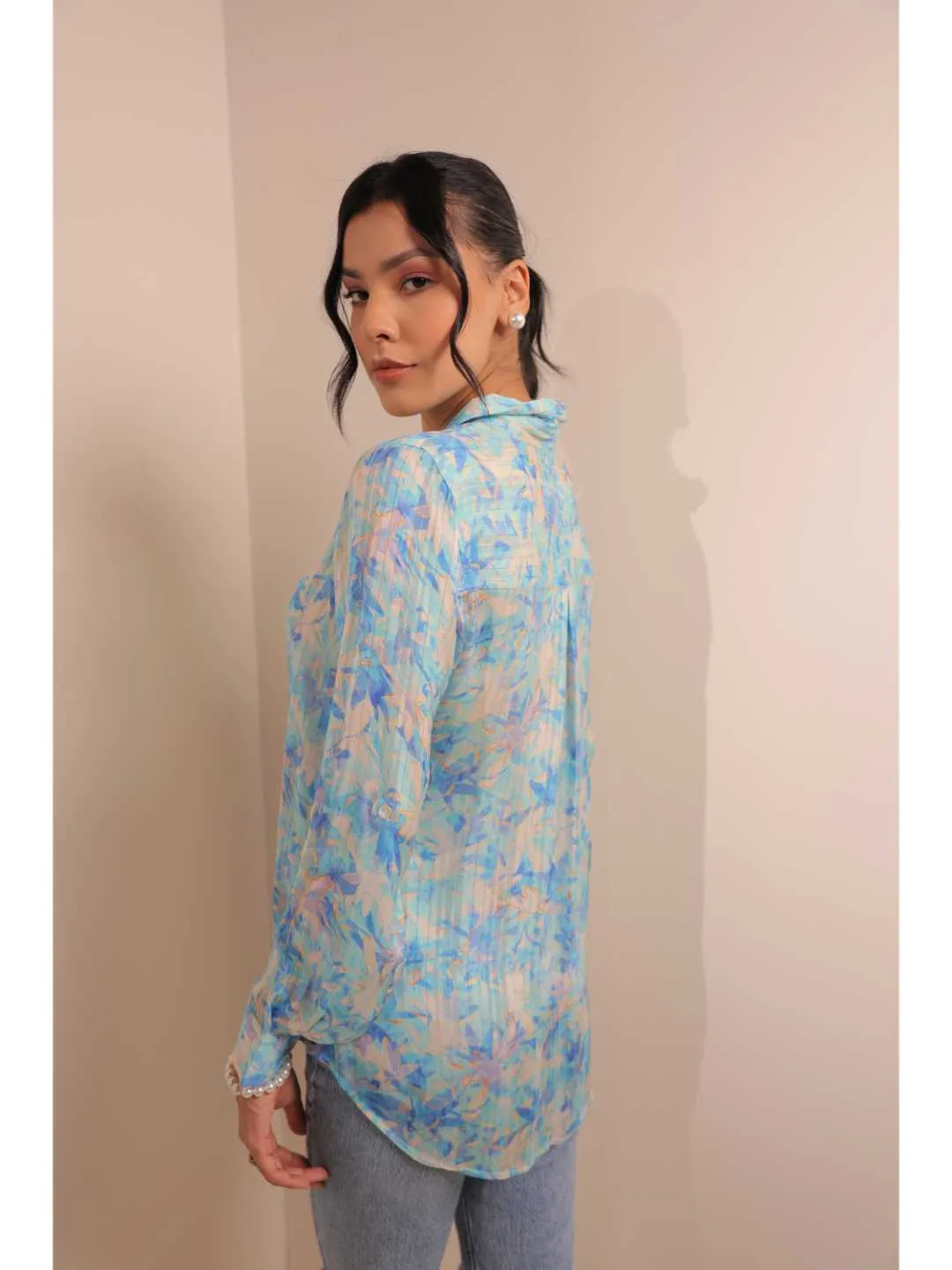 cheerful  viscose dobby stripped abstact floral printed shirt collar full cuff sleeve top. - Blue