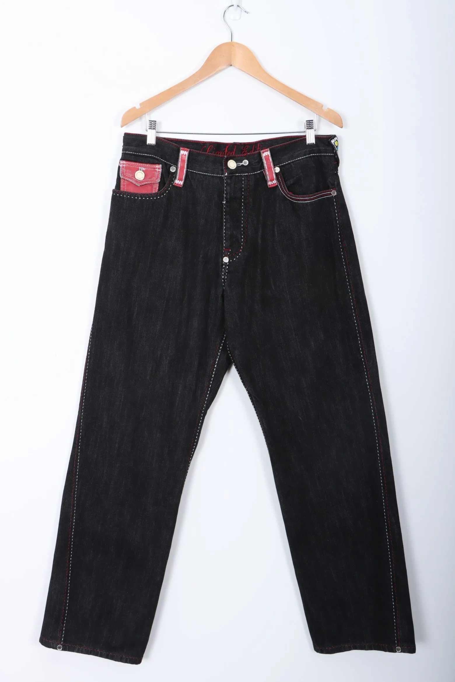 COOGI Limited Edition Y2K Red Leather Embroidered Jeans (34x34)