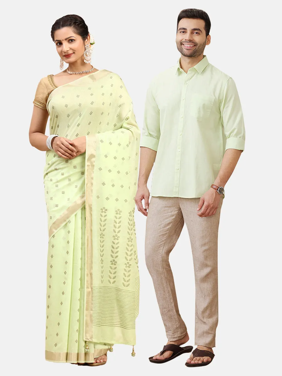 Couple Combo Green Shirt & Weaving Semi Linen Saree SL154