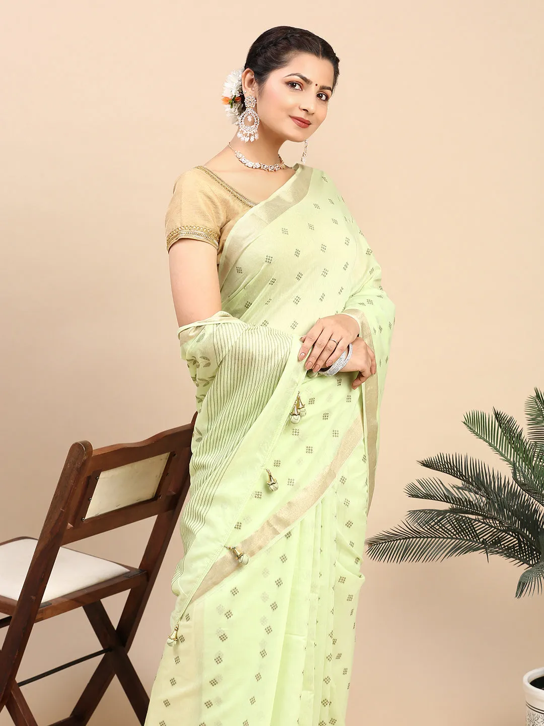 Couple Combo Green Shirt & Weaving Semi Linen Saree SL154