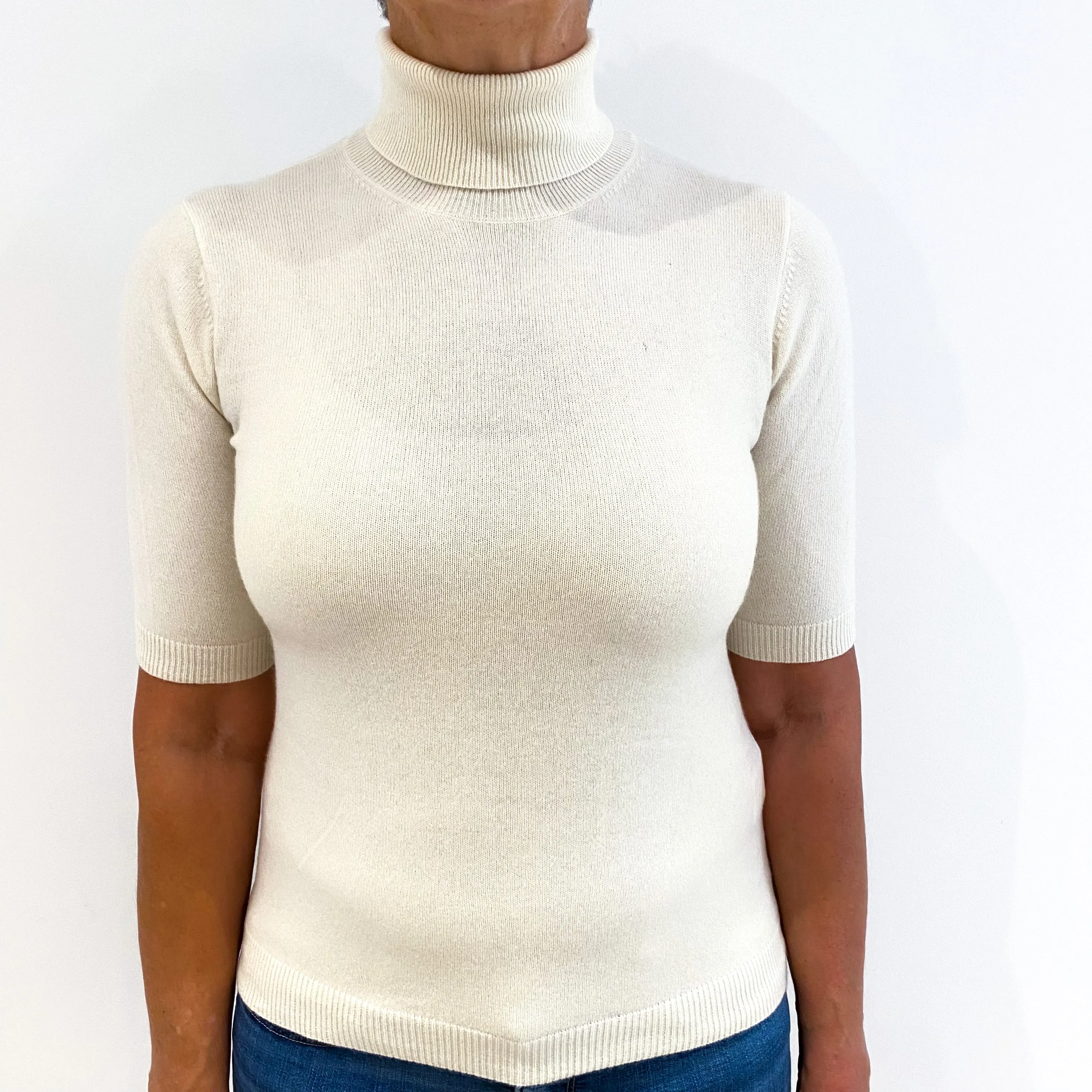 Cream Short Sleeved Cashmere Polo Neck Jumper Medium