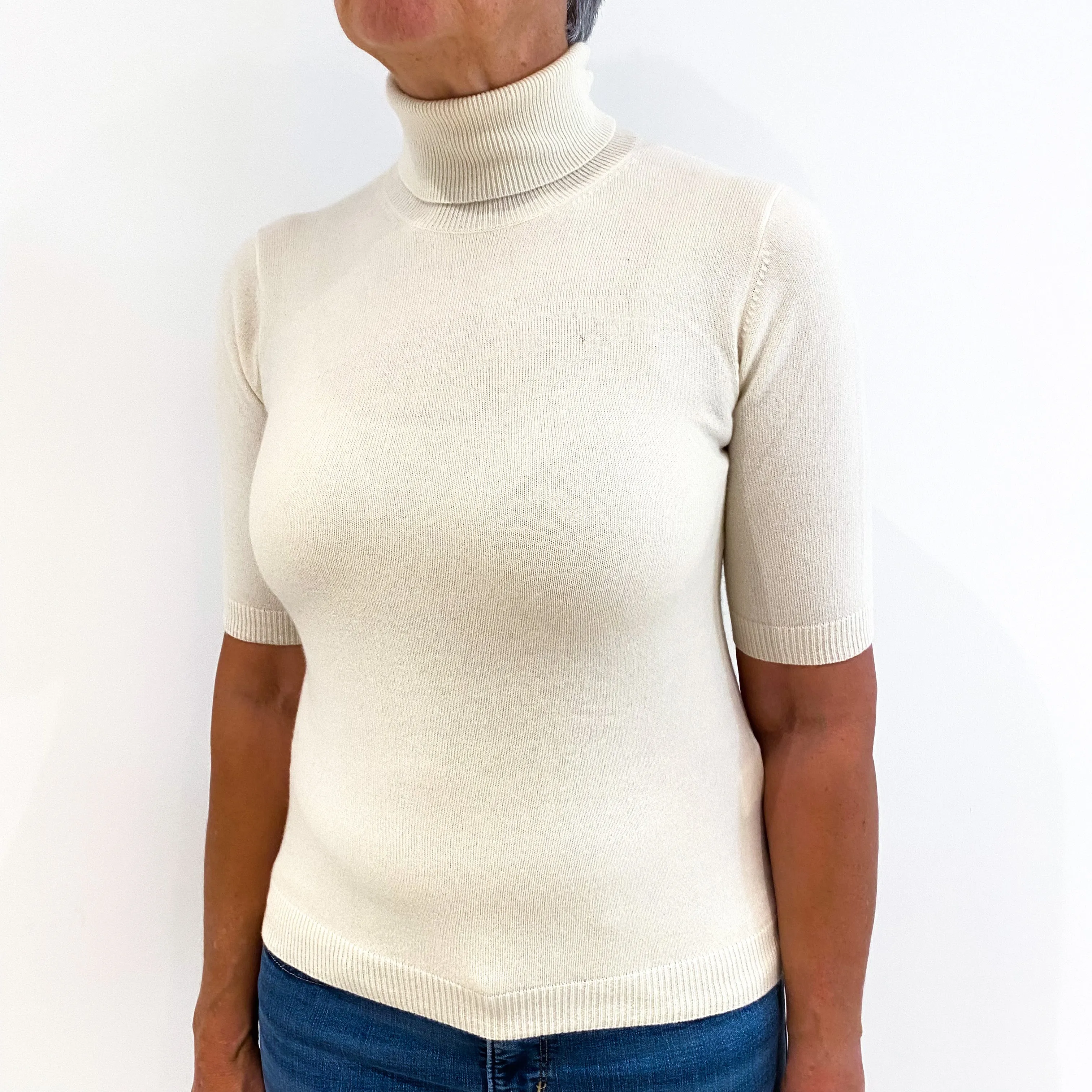 Cream Short Sleeved Cashmere Polo Neck Jumper Medium