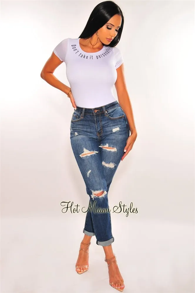 Dark Blue Denim Ripped Slim Fit Boyfriend Jeans