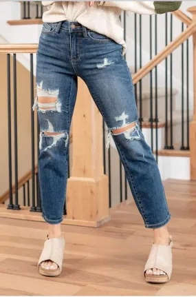 Dark Wash Mid Rise Straight Destroyed Jeans