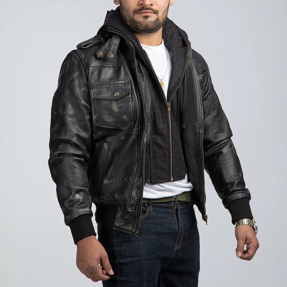 Distressed Black Leather Biker Jacket With Detachable Hood