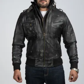 Distressed Black Leather Biker Jacket With Detachable Hood