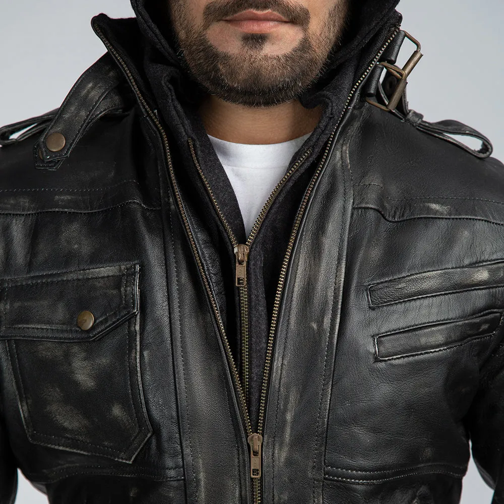 Distressed Black Leather Biker Jacket With Detachable Hood