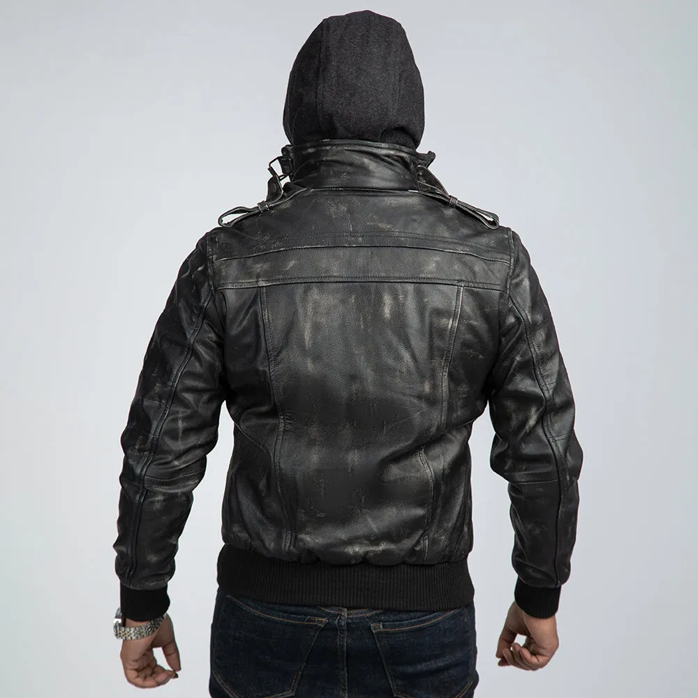 Distressed Black Leather Biker Jacket With Detachable Hood